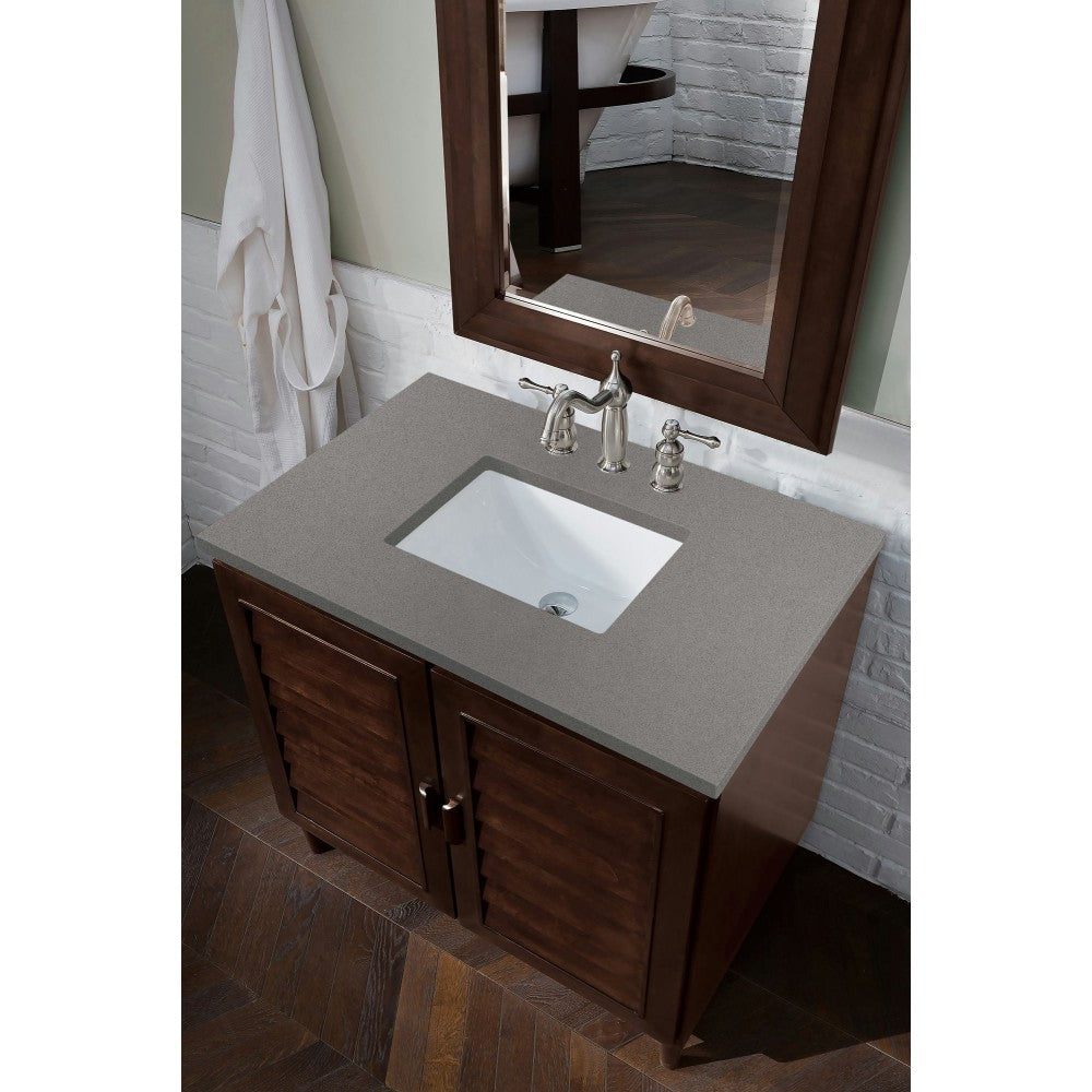 Portland 36" Single Vanity, Burnished Mahogany, w/ 3 CM Gray Expo Quartz Top