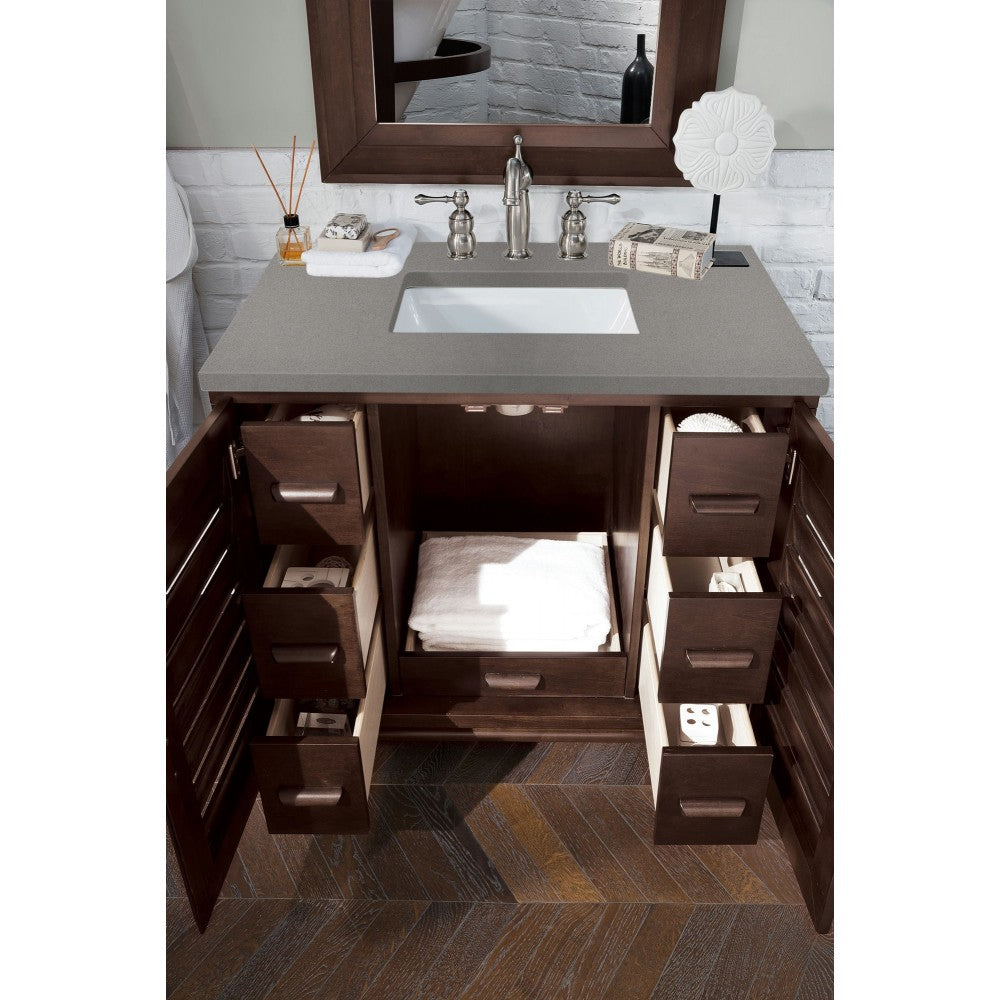 Portland 36" Single Vanity, Burnished Mahogany, w/ 3 CM Gray Expo Quartz Top