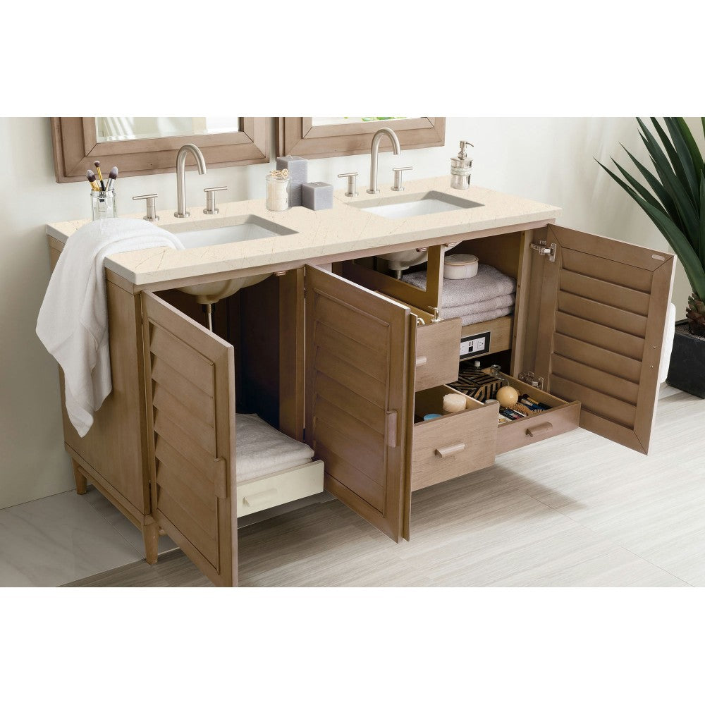 Portland 60" Double Vanity Whitewashed Walnut, w/ 3 CM Eternal Marfil Quartz Top