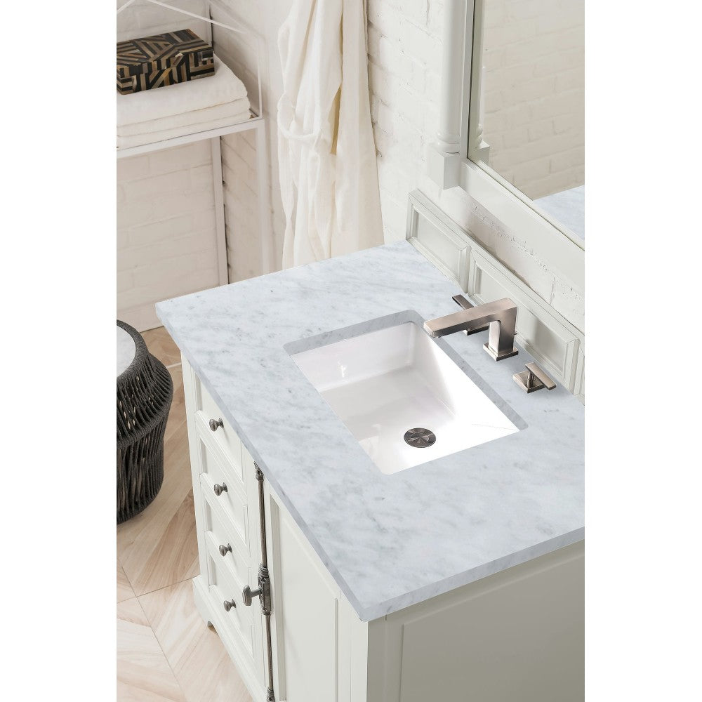 Providence 36" Bright White Single Vanity w/ 3 CM Carrara Marble Top