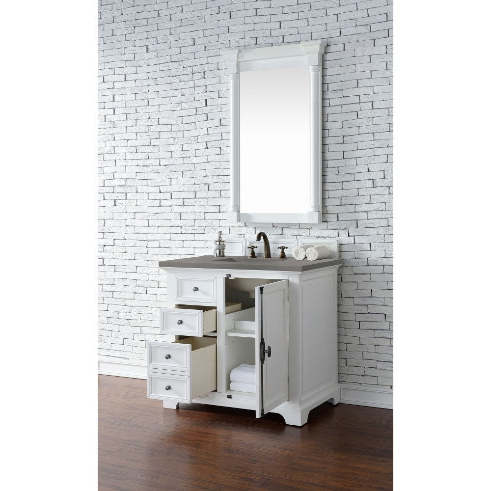 Providence 36" Single Vanity Cabinet, Bright White, w/ 3 CM Gray Expo Quartz Top