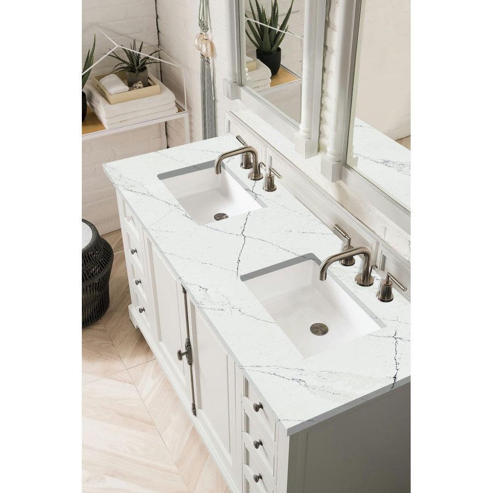 Providence 60" Double Vanity, Bright White, w/ 3 CM Ethereal Noctis Quartz Top