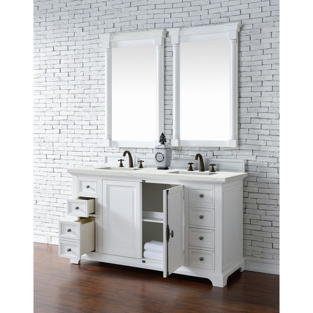 Providence 60" Double Vanity, Bright White, w/ 3 CM Ethereal Noctis Quartz Top