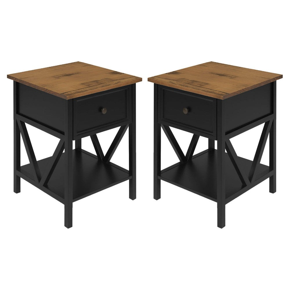 Rustic V-Frame Side Table Set - Rustic Oak/Black