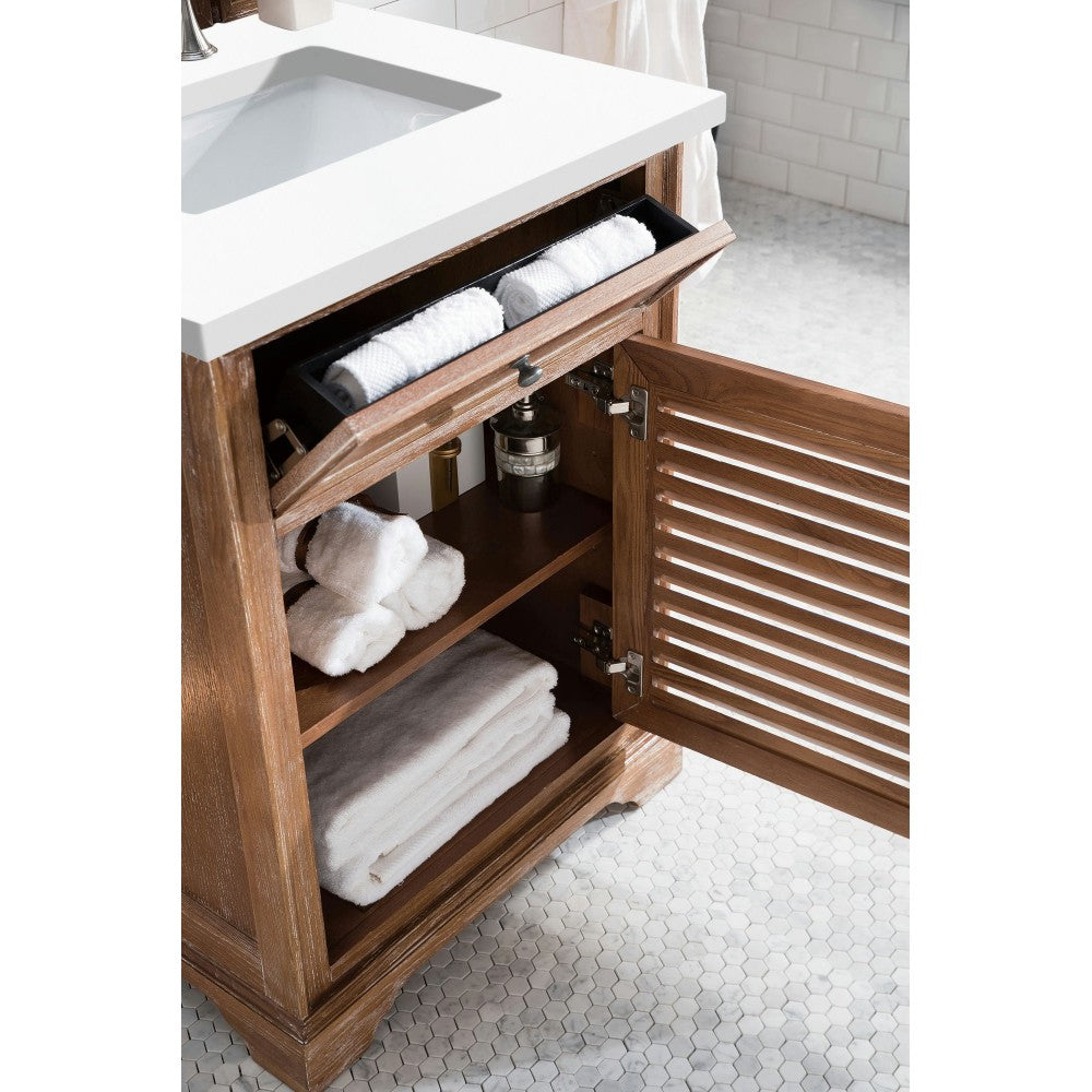 Savannah 26" Single Vanity Cabinet, Driftwood, w/ 3 CM Classic White Quartz Top