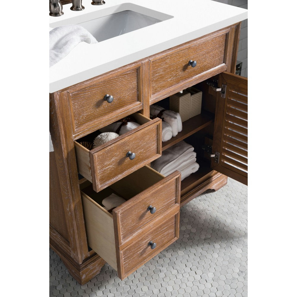 Savannah 36" Single Vanity Cabinet, Driftwood, w/ 3 CM Classic White Quartz Top