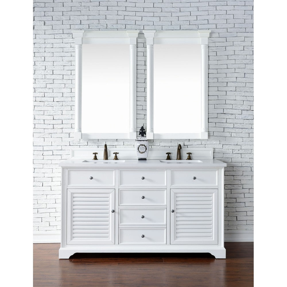 Savannah 60" Double Vanity, Bright White, w/ 3 CM Classic White Quartz Top