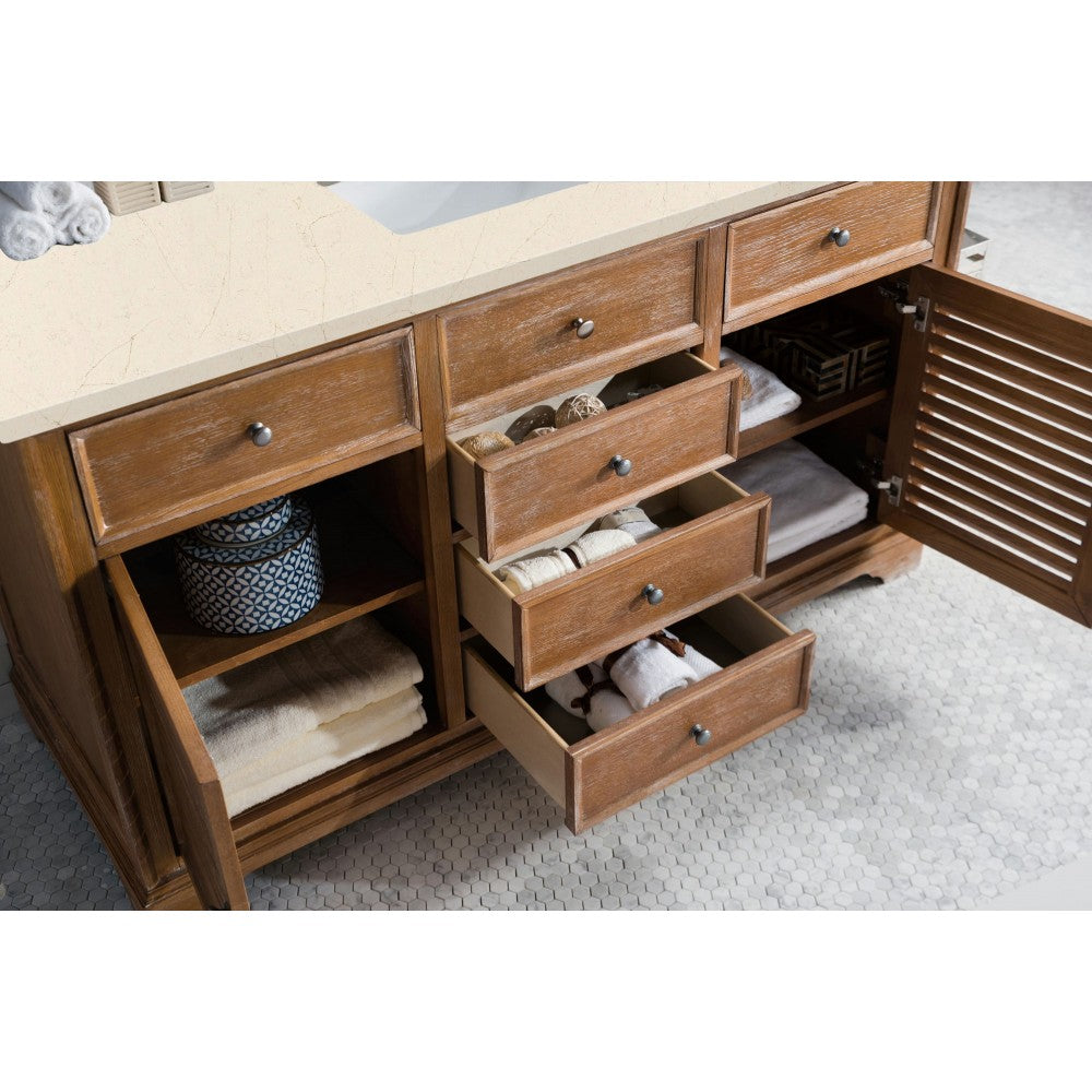 Savannah 60" Single Vanity Cabinet, Driftwood, w/ 3 CM Eternal Marfil Quartz Top