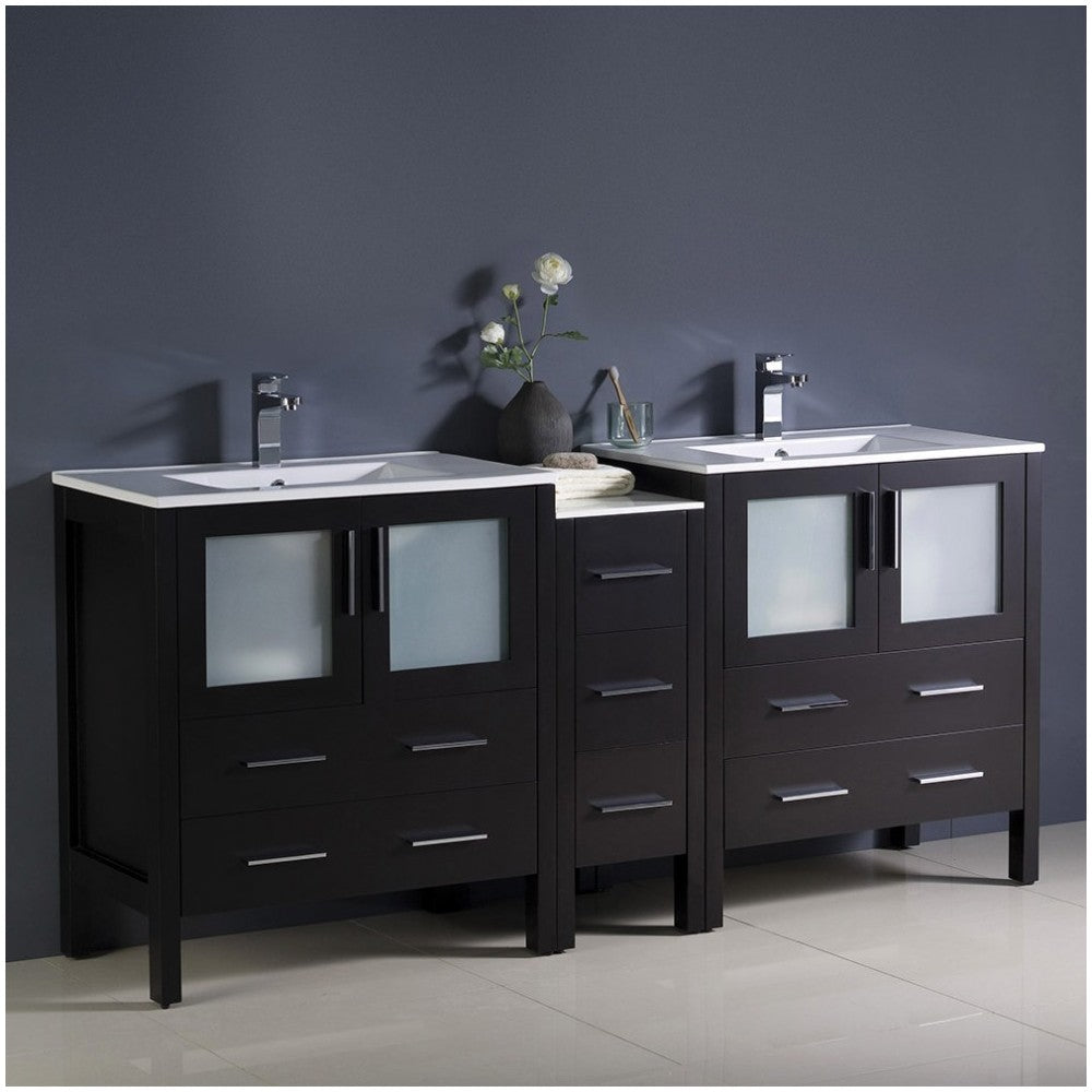 Torino 72" Espresso Modern Double Sink Bathroom Cabinets w/ Integrated Sinks