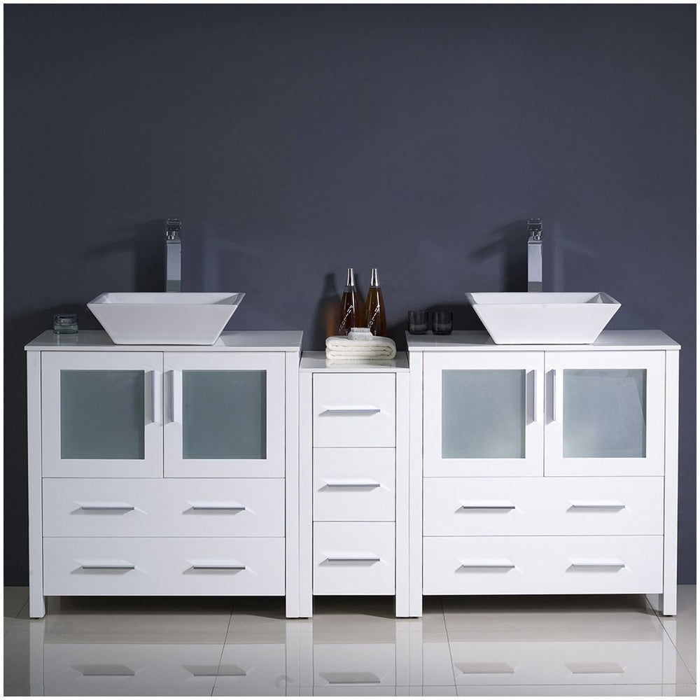 Torino 72" White Modern Double Sink Bathroom Cabinets w/ Tops & Vessel Sinks
