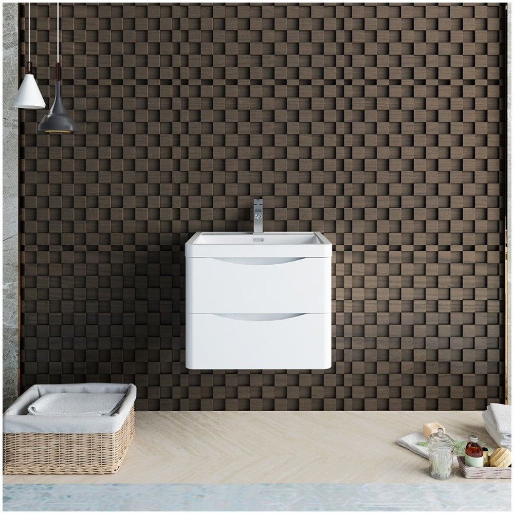 Tuscany 24" Glossy White Wall Hung Modern Bathroom Cabinet w/ Integrated Sink