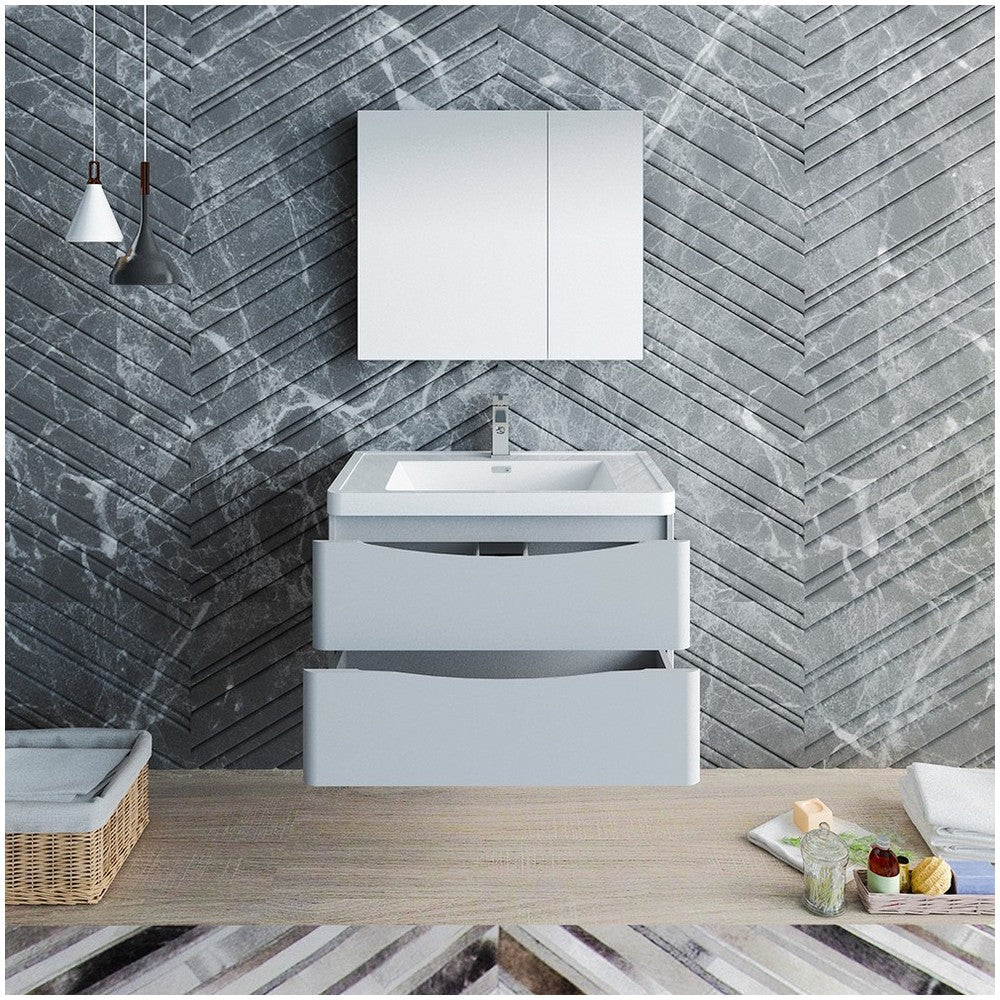 Tuscany 32" Glossy Gray Wall Hung Modern Bathroom Vanity w/ Medicine Cabinet