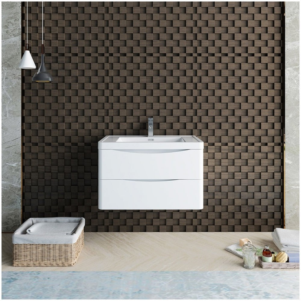 Tuscany 32" Glossy White Wall Hung Modern Bathroom Cabinet w/ Integrated Sink