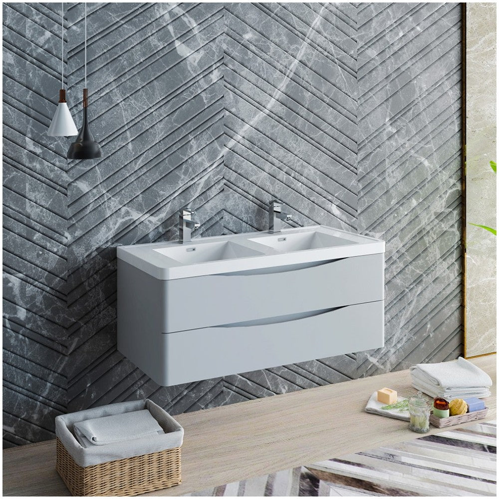 Tuscany 48 Gray Wall Hung Modern Bathroom Cabinet w/ Integrated Double Sink