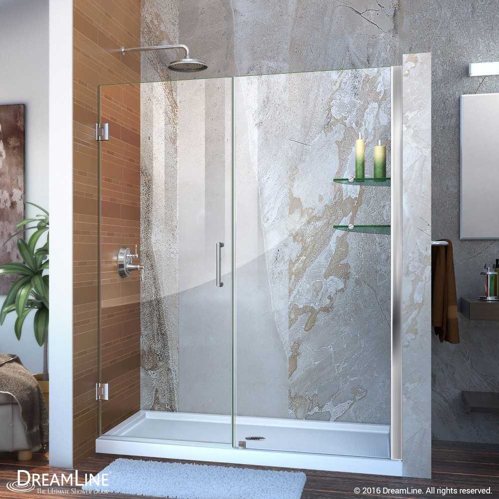 Unidoor 53-54 in. W x 72 in. H Frameless Hinged Shower Door with Shelves in Chrome