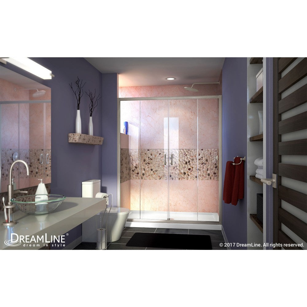 Visions 36 in. D x 60 in. W x 74 3/4 in. H Sliding Shower Door in Brushed Nickel with Center Drain White Shower Base