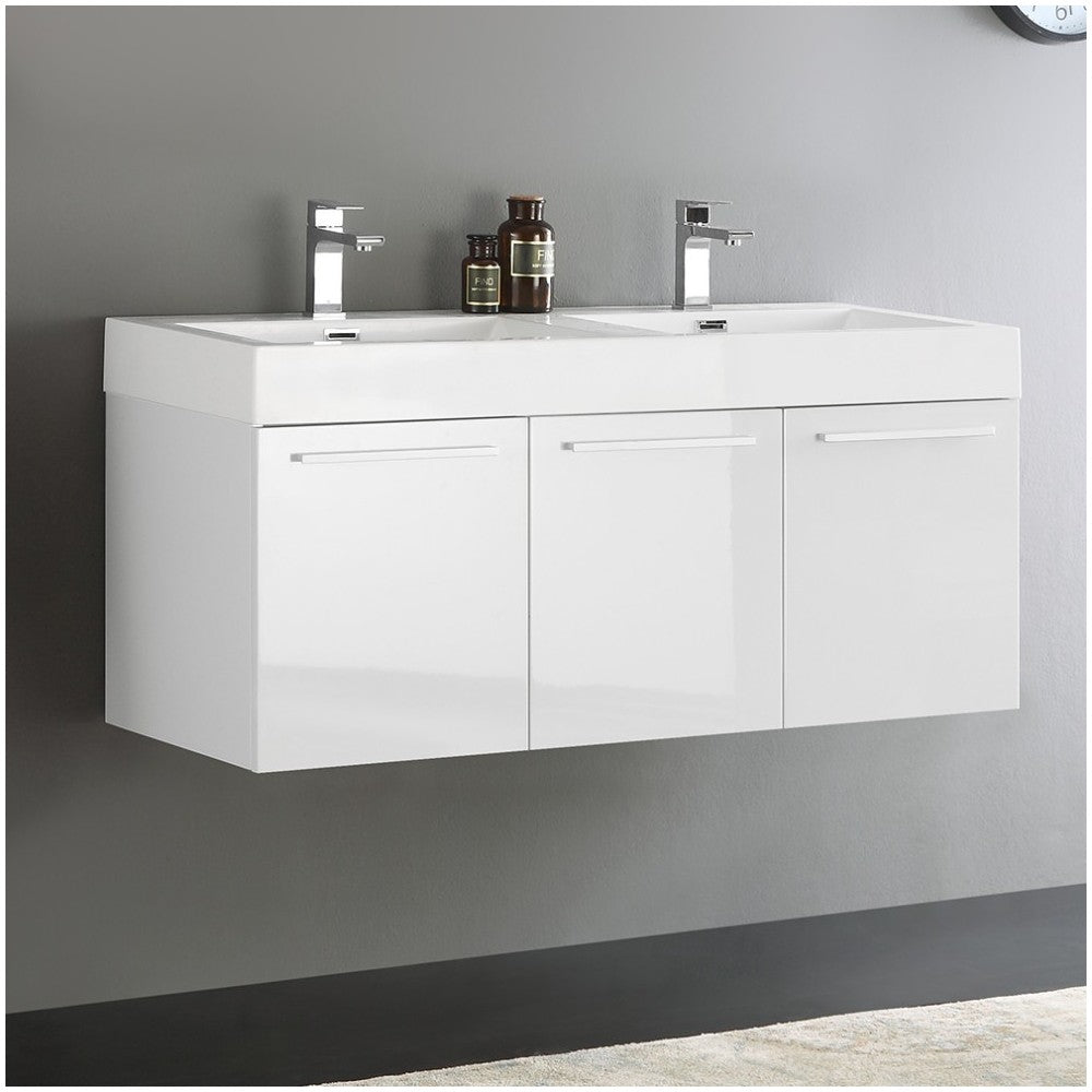 Vista 48" White Wall Hung Double Sink Modern Bathroom Cabinet w/ Integrated Sink