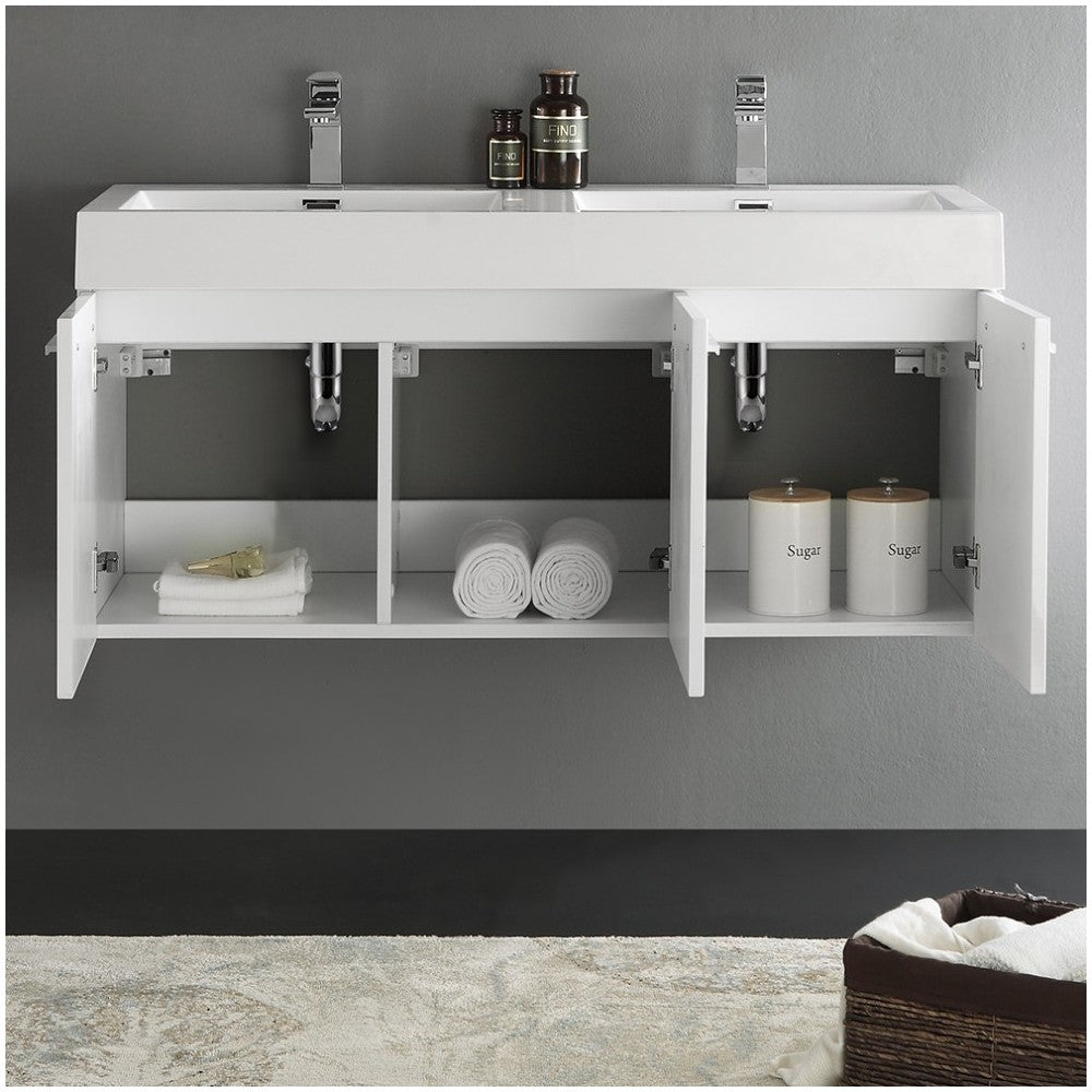 Vista 48" White Wall Hung Double Sink Modern Bathroom Cabinet w/ Integrated Sink