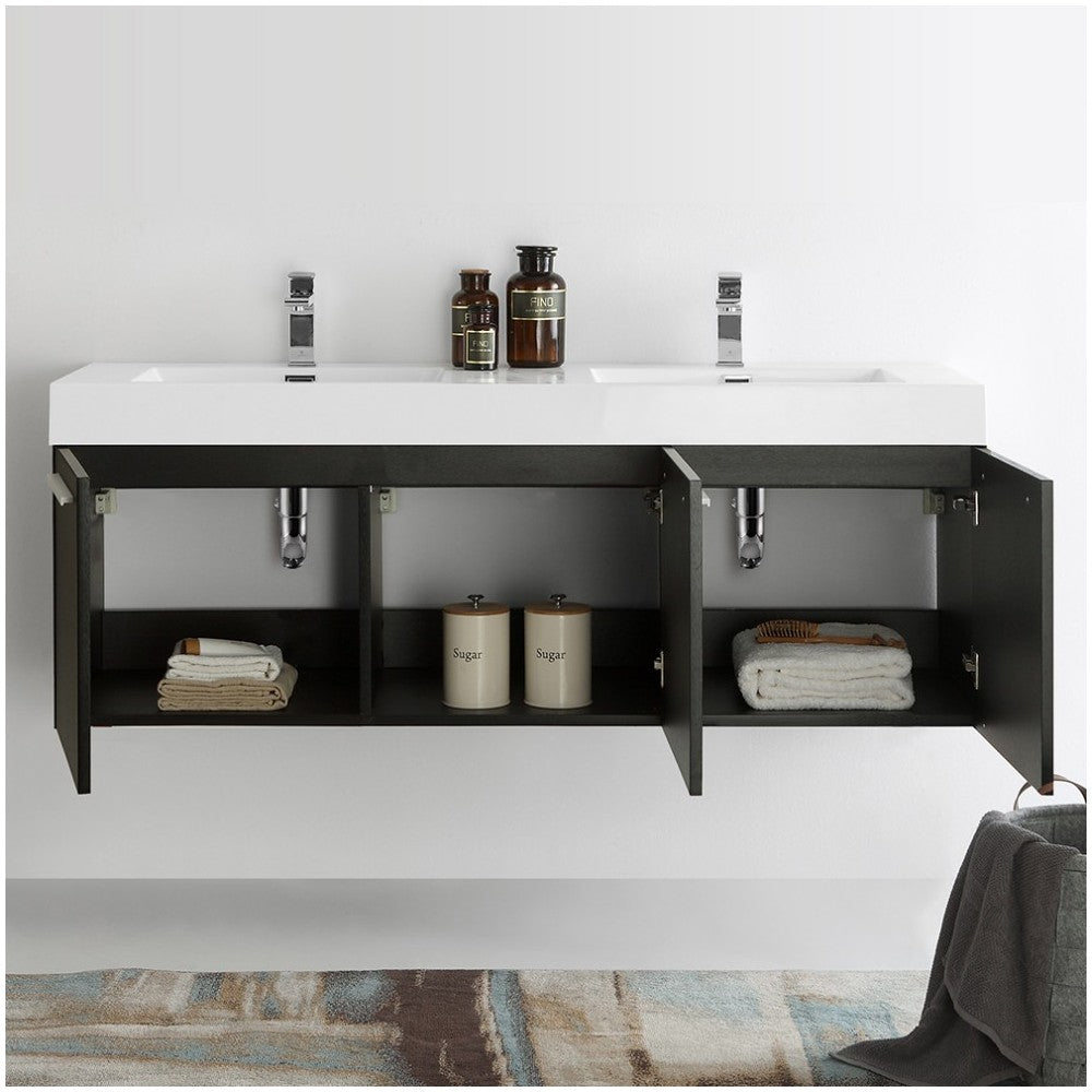 Vista 60" Black Wall Hung Double Sink Modern Bathroom Cabinet w/ Integrated Sink