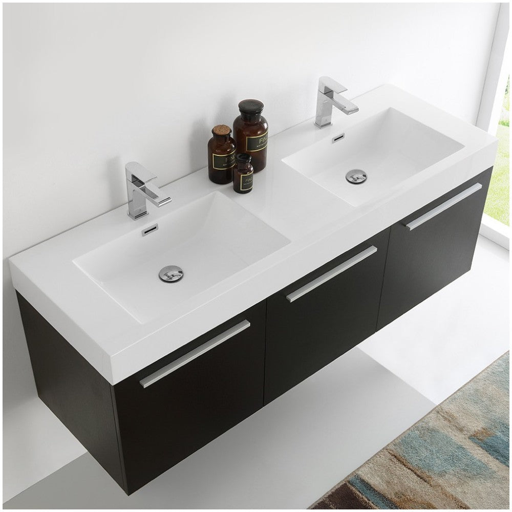 Vista 60" Black Wall Hung Double Sink Modern Bathroom Cabinet w/ Integrated Sink