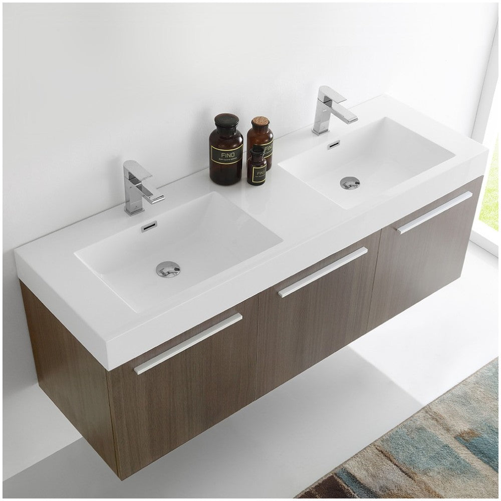 Vista 60 Gray Oak Wall Hung Double Sink Bathroom Cabinet w/ Integrated Sink