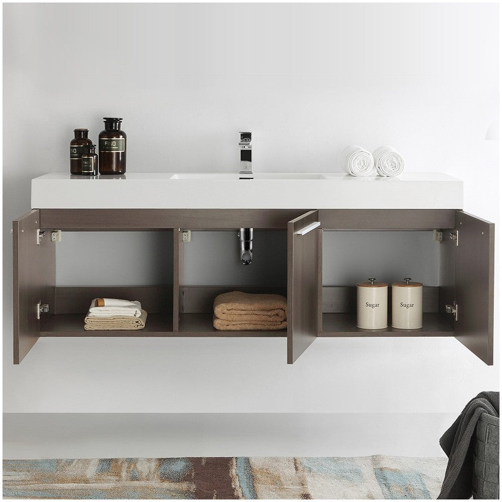 Vista 60 Gray Oak Wall Hung Single Sink Bathroom Cabinet w/ Integrated Sink