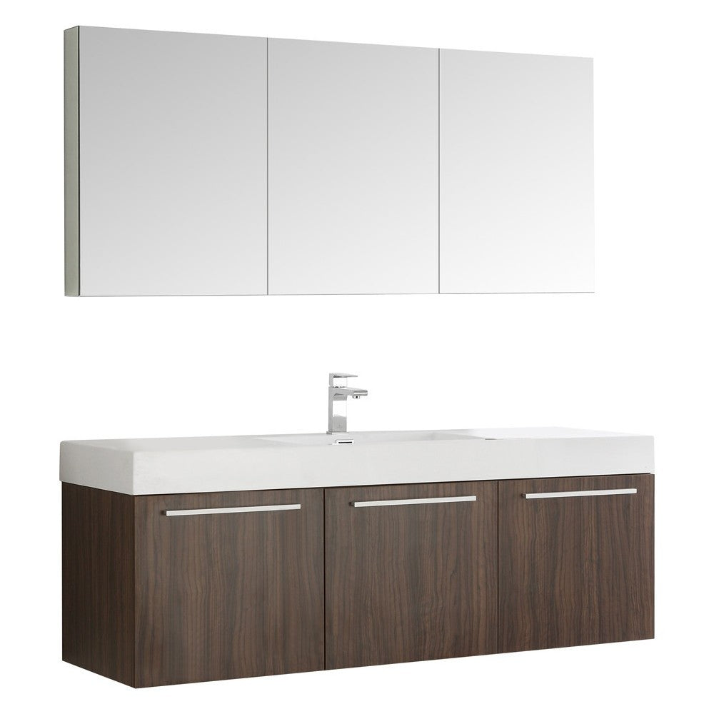 Vista 60 Walnut Wall Hung Single Sink Modern Bathroom Vanity w/ Medicine Cabinet