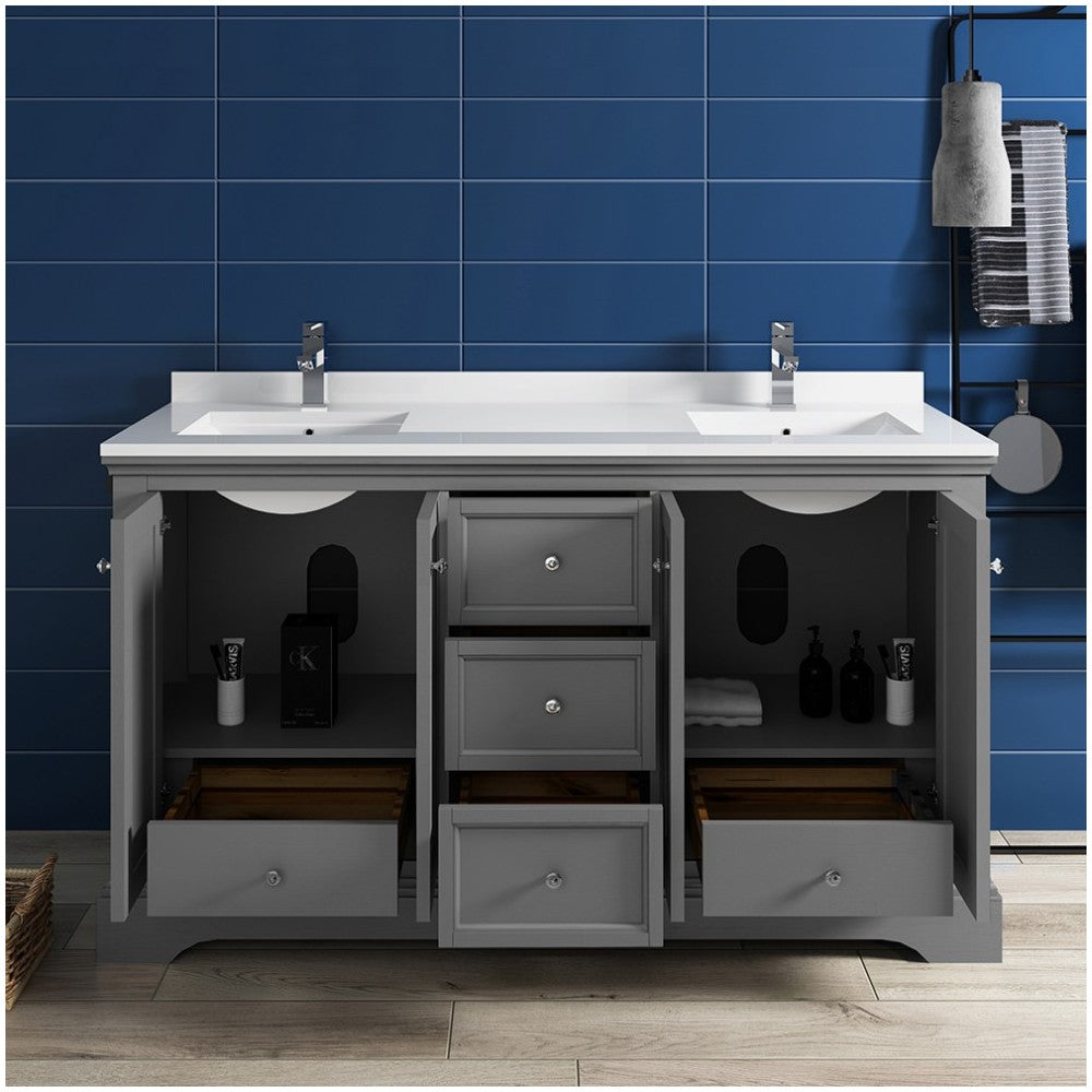 Windsor 60 Gray Textured Traditional Double Sink Bathroom Cabinet w/ Top & Sinks