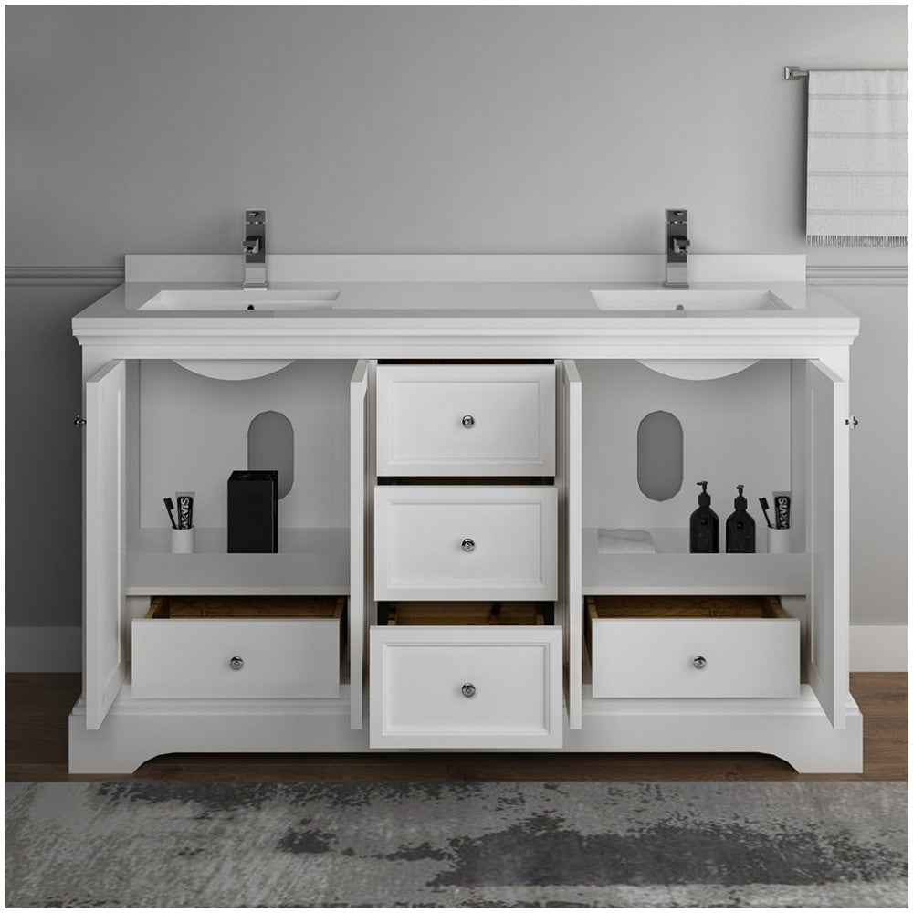 Windsor 60" Matte White Traditional Double Sink Bathroom Cabinet w/ Top & Sinks