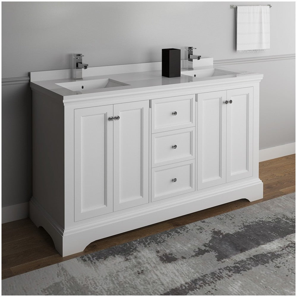 Windsor 60" Matte White Traditional Double Sink Bathroom Cabinet w/ Top & Sinks