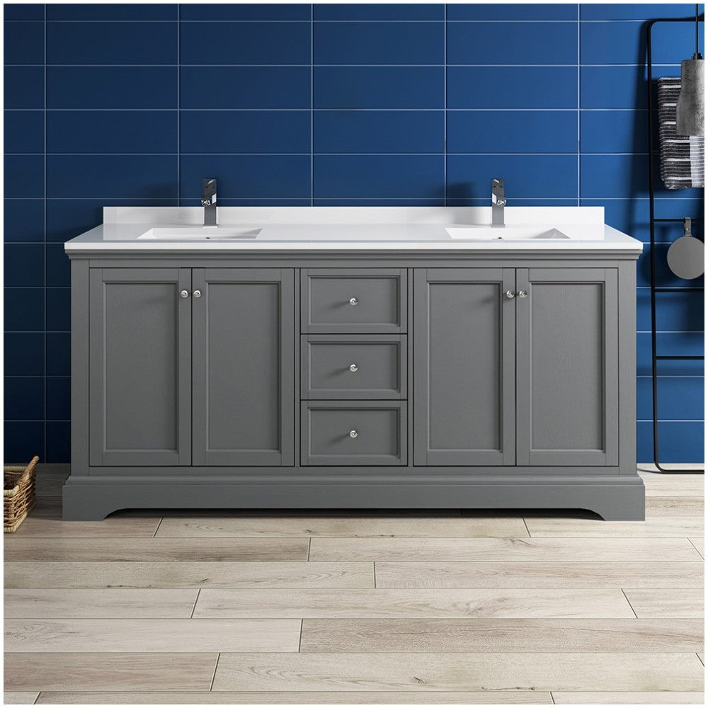Windsor 72 Gray Textured Traditional Double Sink Bathroom Cabinet w/ Top & Sinks