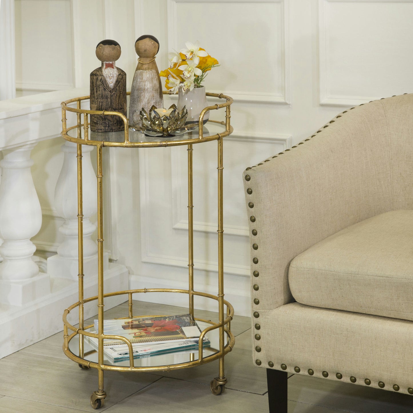 2-tier Gold Metal Bar Cart, Mirror Top