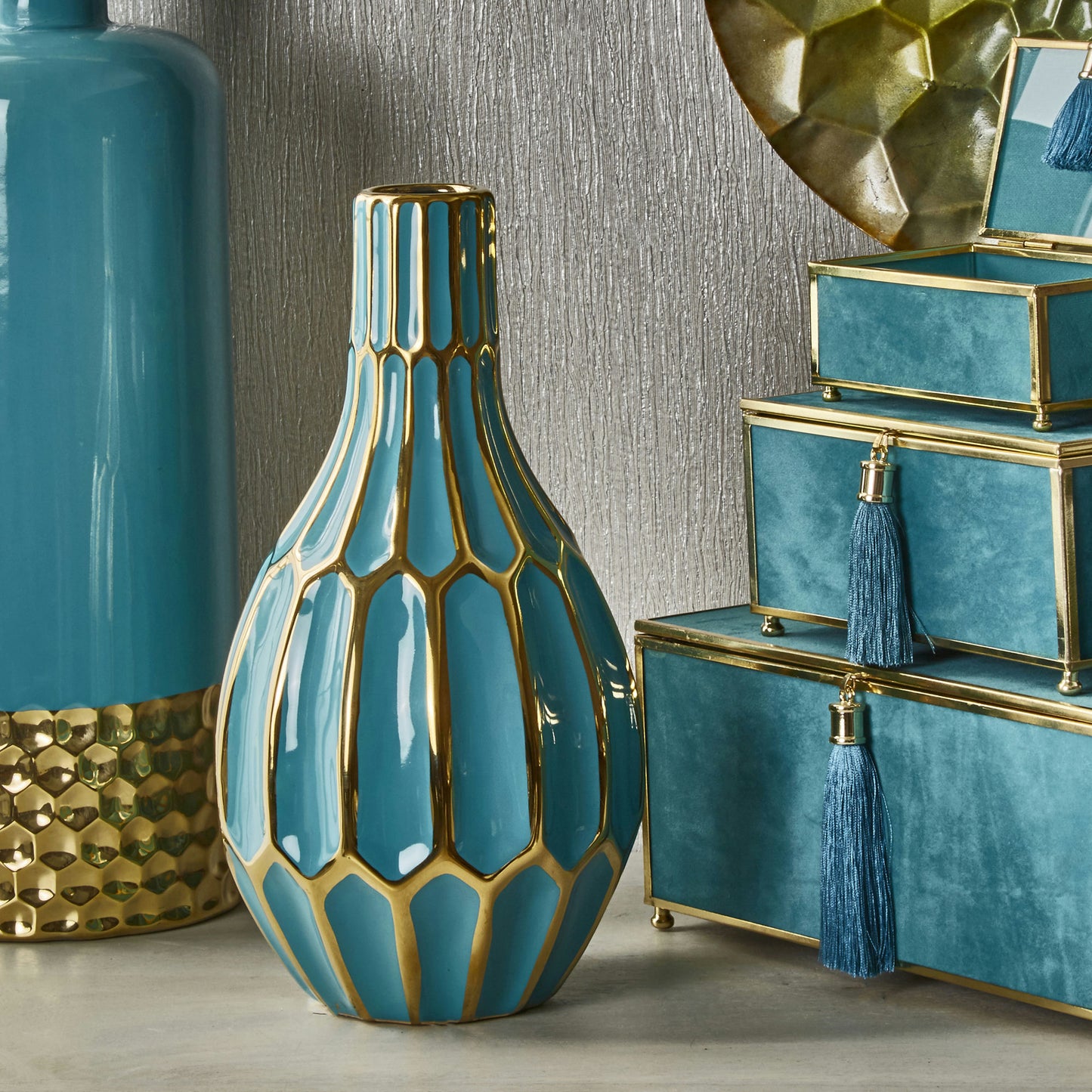 Turquoise/gold Ceramic Vase 12"