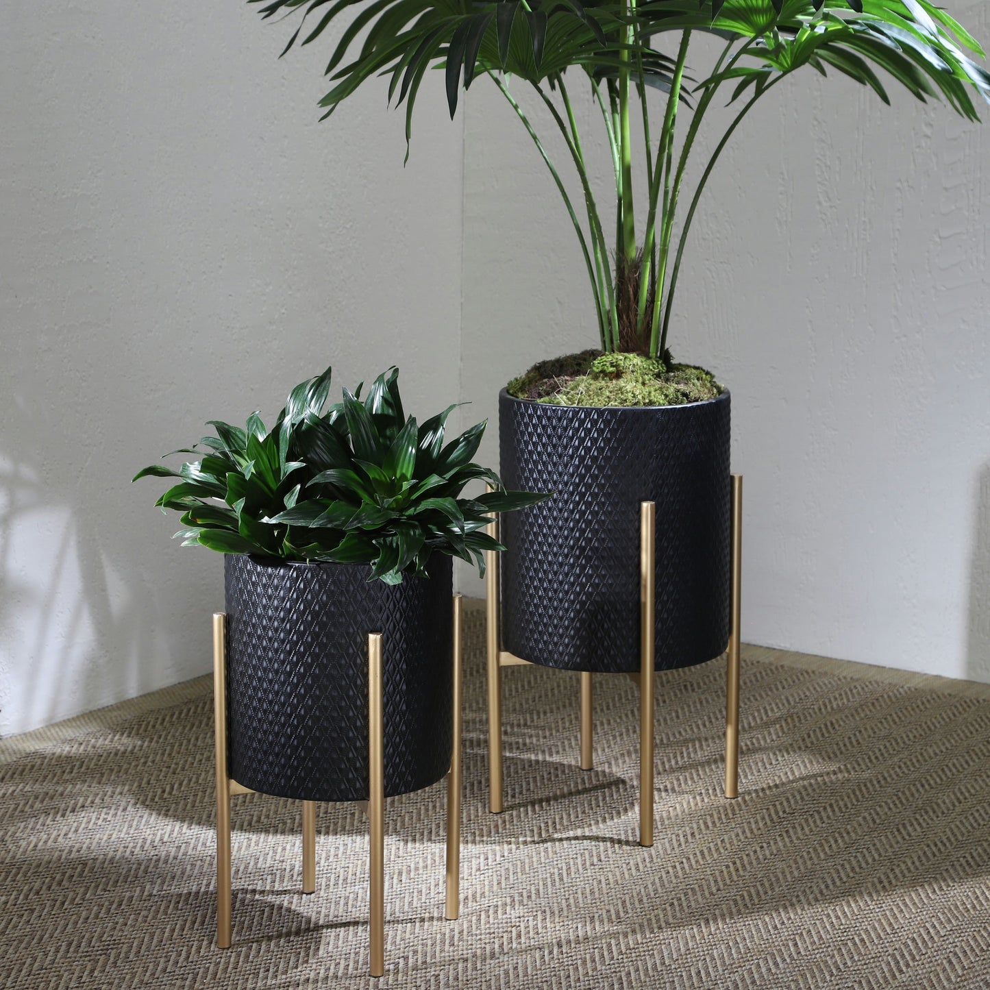 S/2 Textured Planter On Metalstand, Black/gld