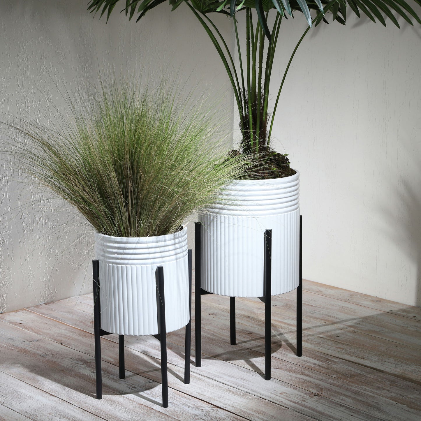 S/2 Dunes Planter On Metal Stand, Wht/blk