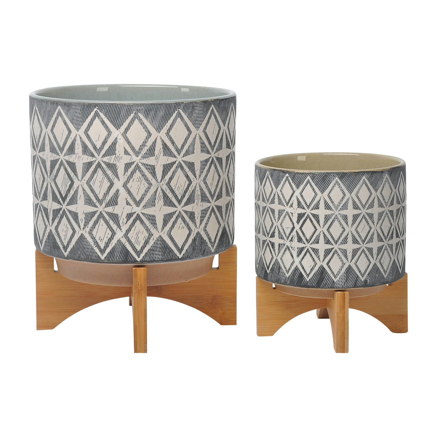 Ceramic S/2 8/10" Planter On Stand, Gray