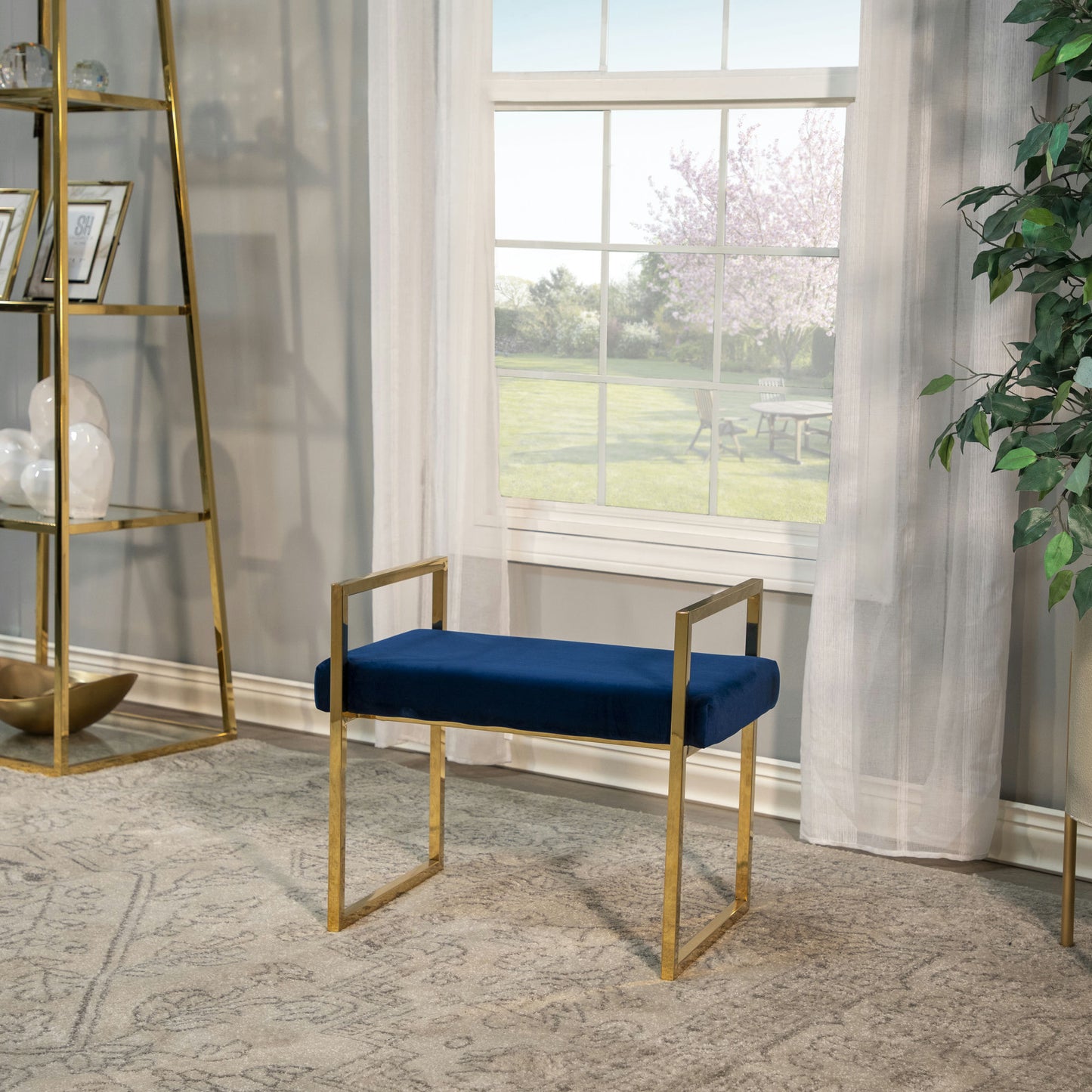 Navy/gold Velveteen Bench W/ Handles