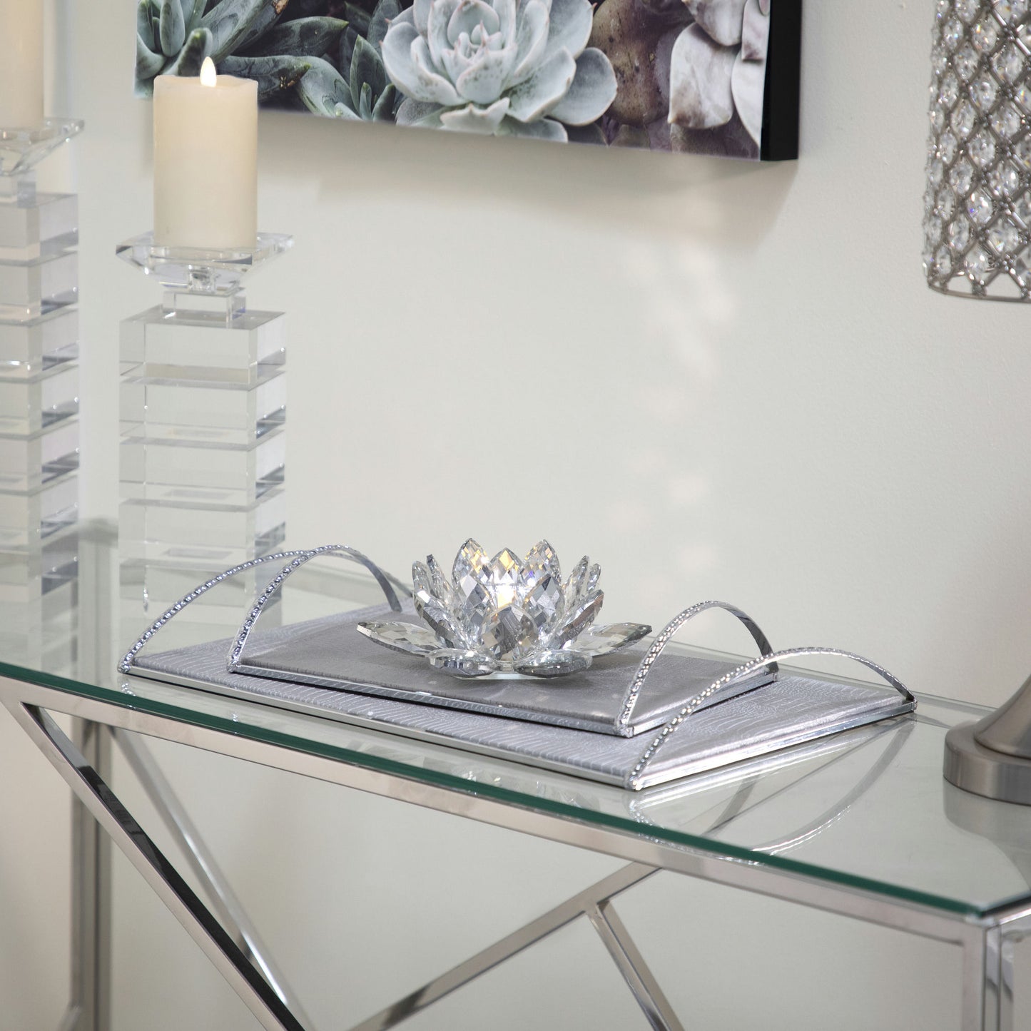 Silver Crystal Lotus Candle Holder 8.25"