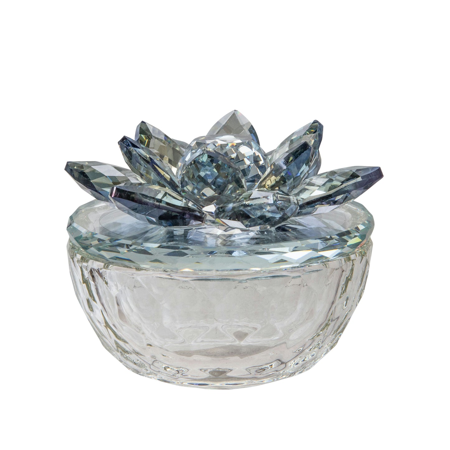 Glass Trinket Box Clear W/lt Blue Lotus Top
