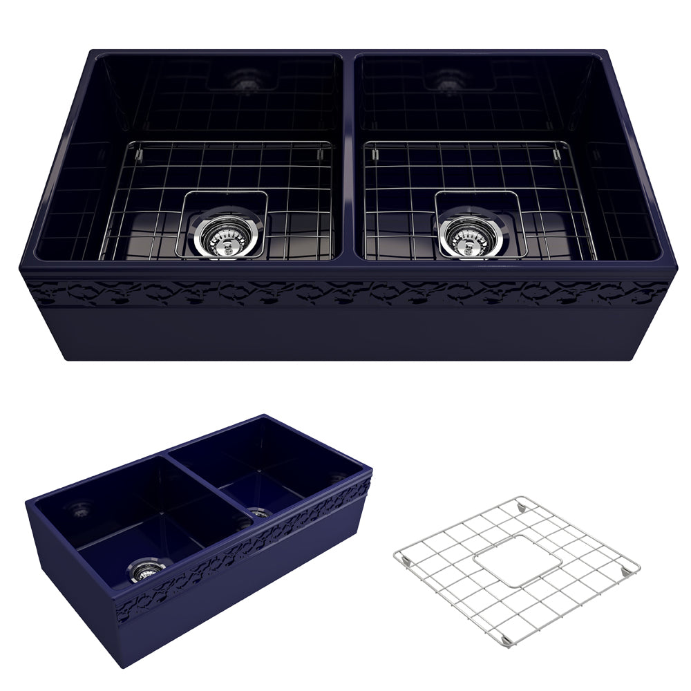 Vigneto Apron Front Fireclay 36" Double Bowl Kitchen Sink in Sapphire Blue