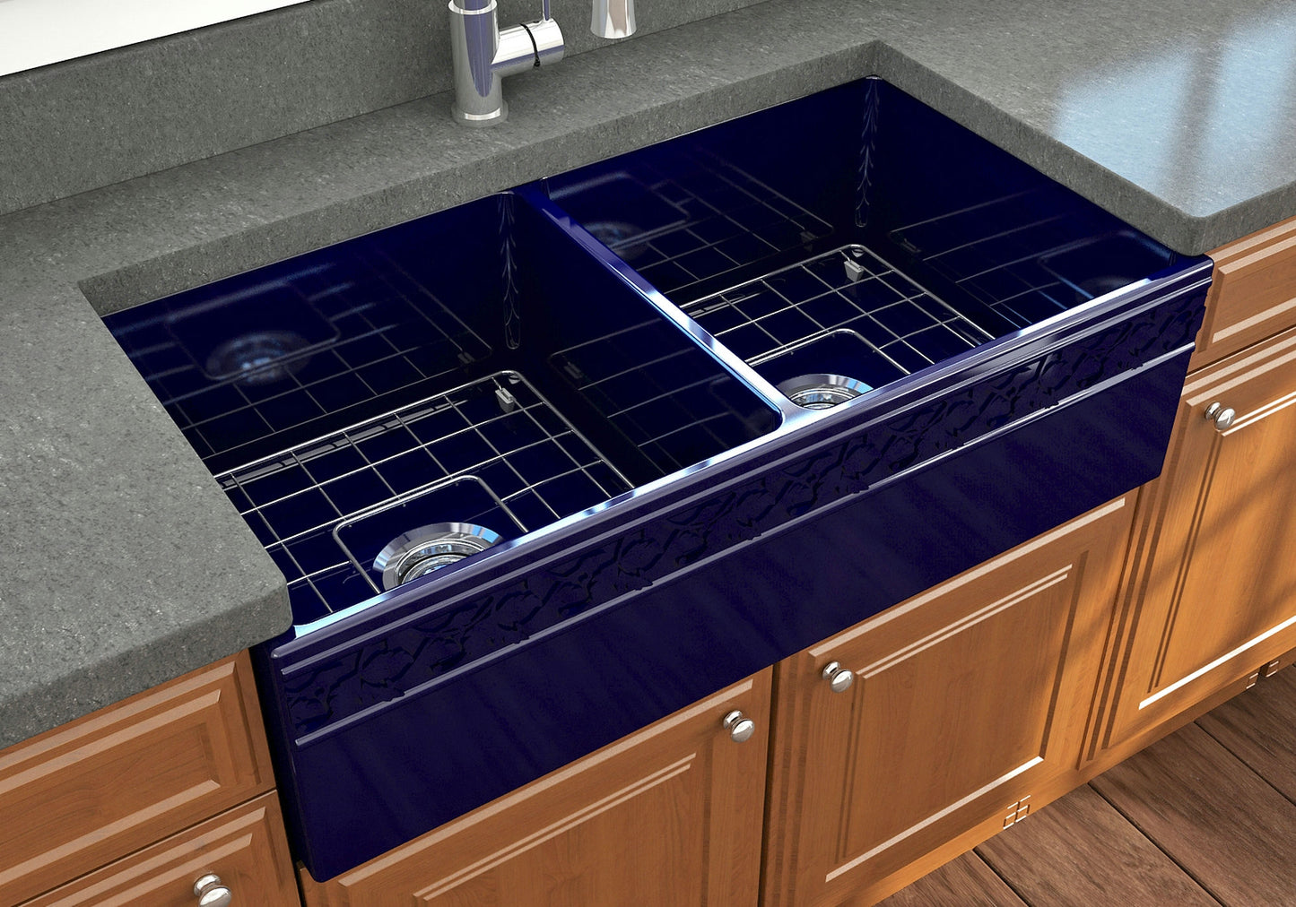 Vigneto Apron Front Fireclay 36" Double Bowl Kitchen Sink in Sapphire Blue