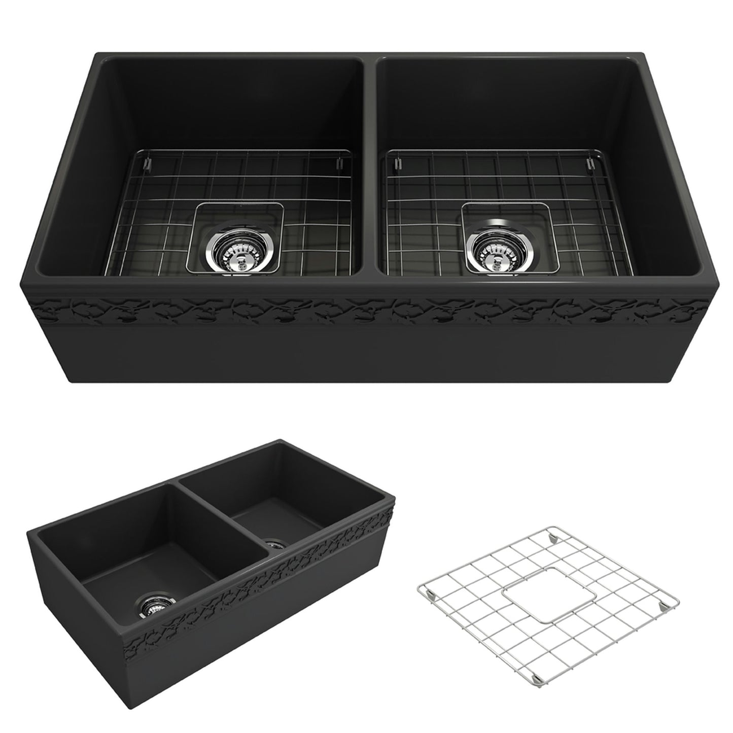 Vigneto Apron Front Fireclay 36" Double Bowl Kitchen Sink in Matte Dark Gray
