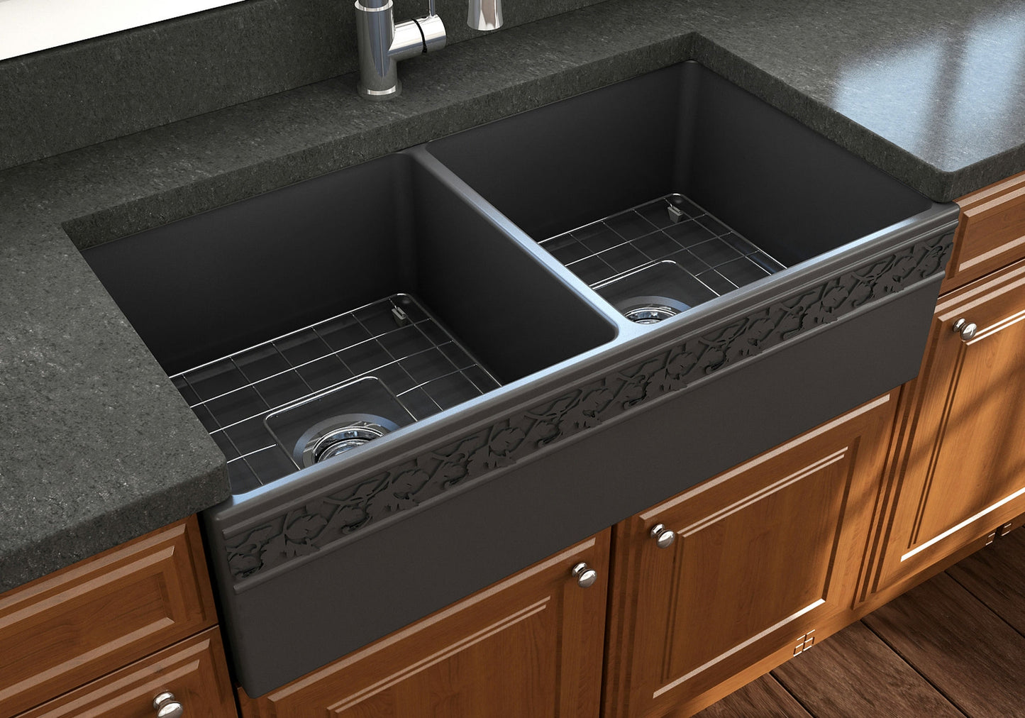 Vigneto Apron Front Fireclay 36" Double Bowl Kitchen Sink in Matte Dark Gray