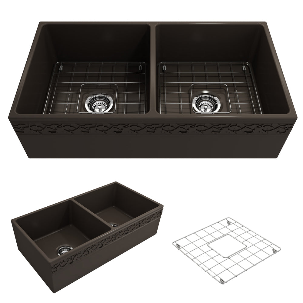 Vigneto Apron Front Fireclay 36" Double Bowl Kitchen Sink in Matte Brown
