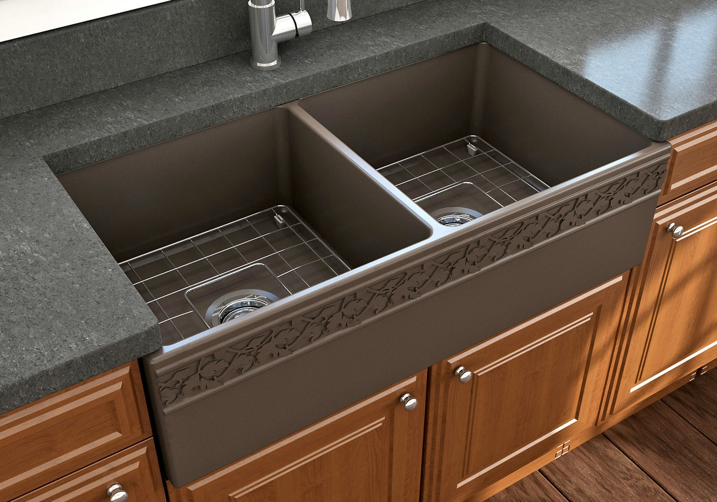Vigneto Apron Front Fireclay 36" Double Bowl Kitchen Sink in Matte Brown