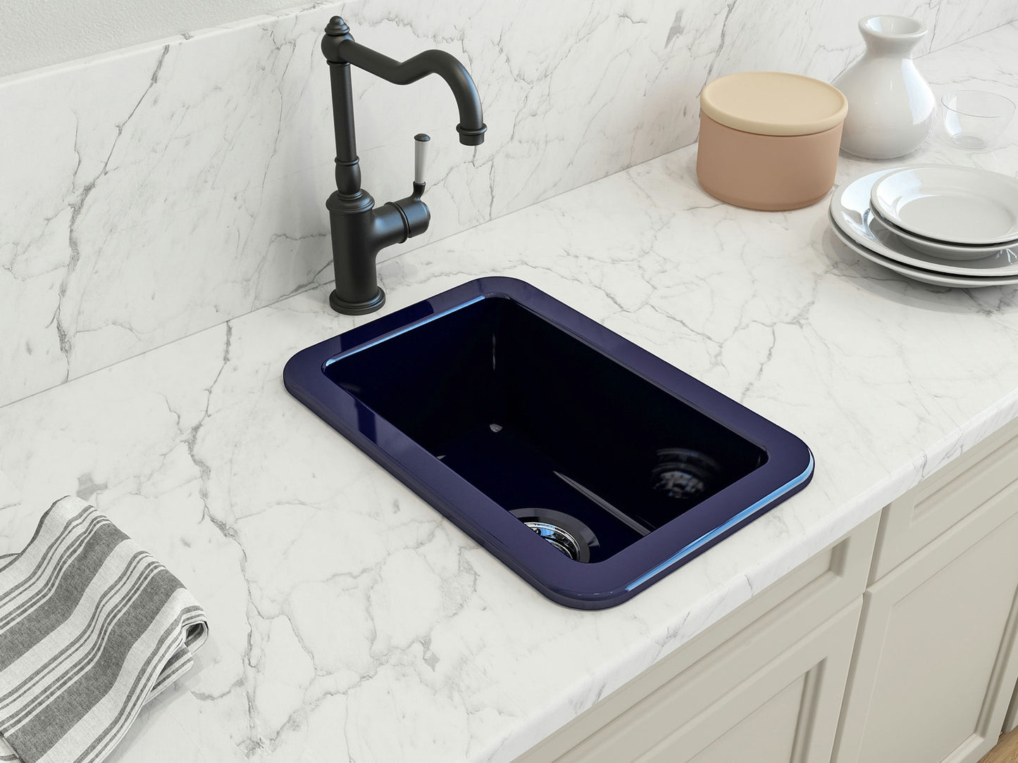 Sotto Dual-mount Fireclay 12" Single Bowl Bar Sink with Strainer, Sapphire Blue