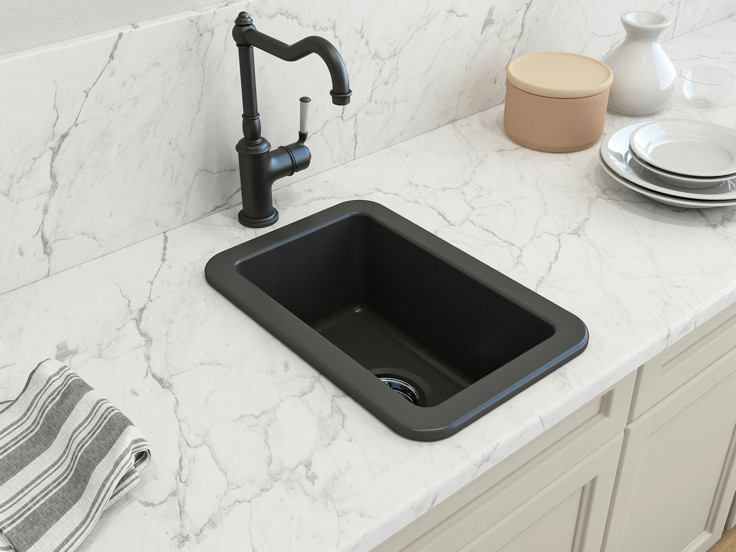 Sotto Dual-mount Fireclay 12" Single Bowl Bar Sink with Strainer in Dark Gray