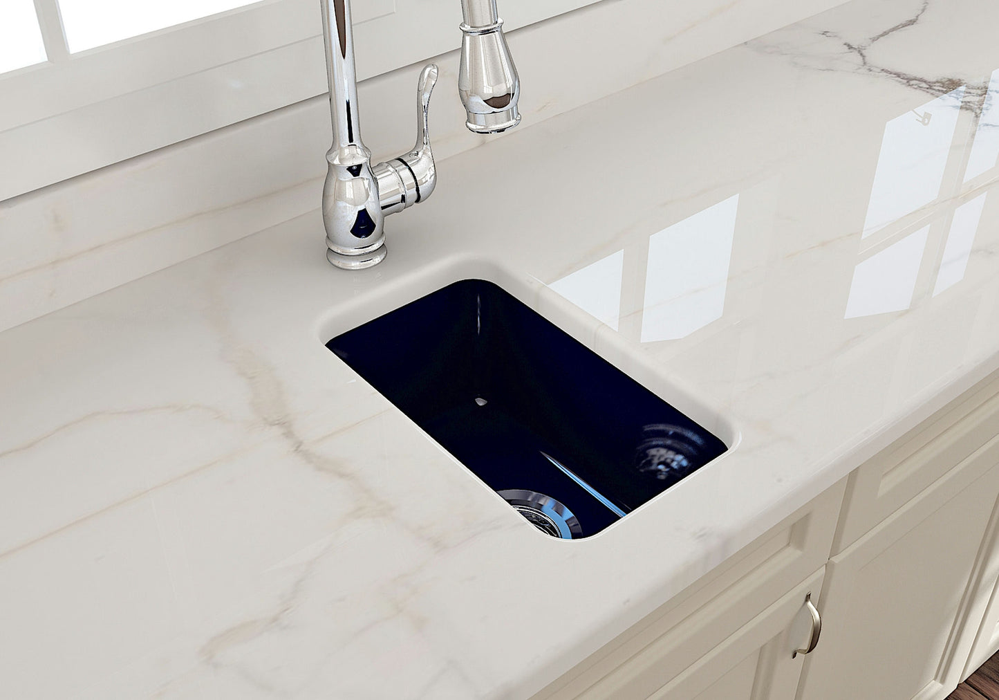 Sotto Dual-mount Fireclay 12" Single Bowl Bar Sink with Strainer, Sapphire Blue