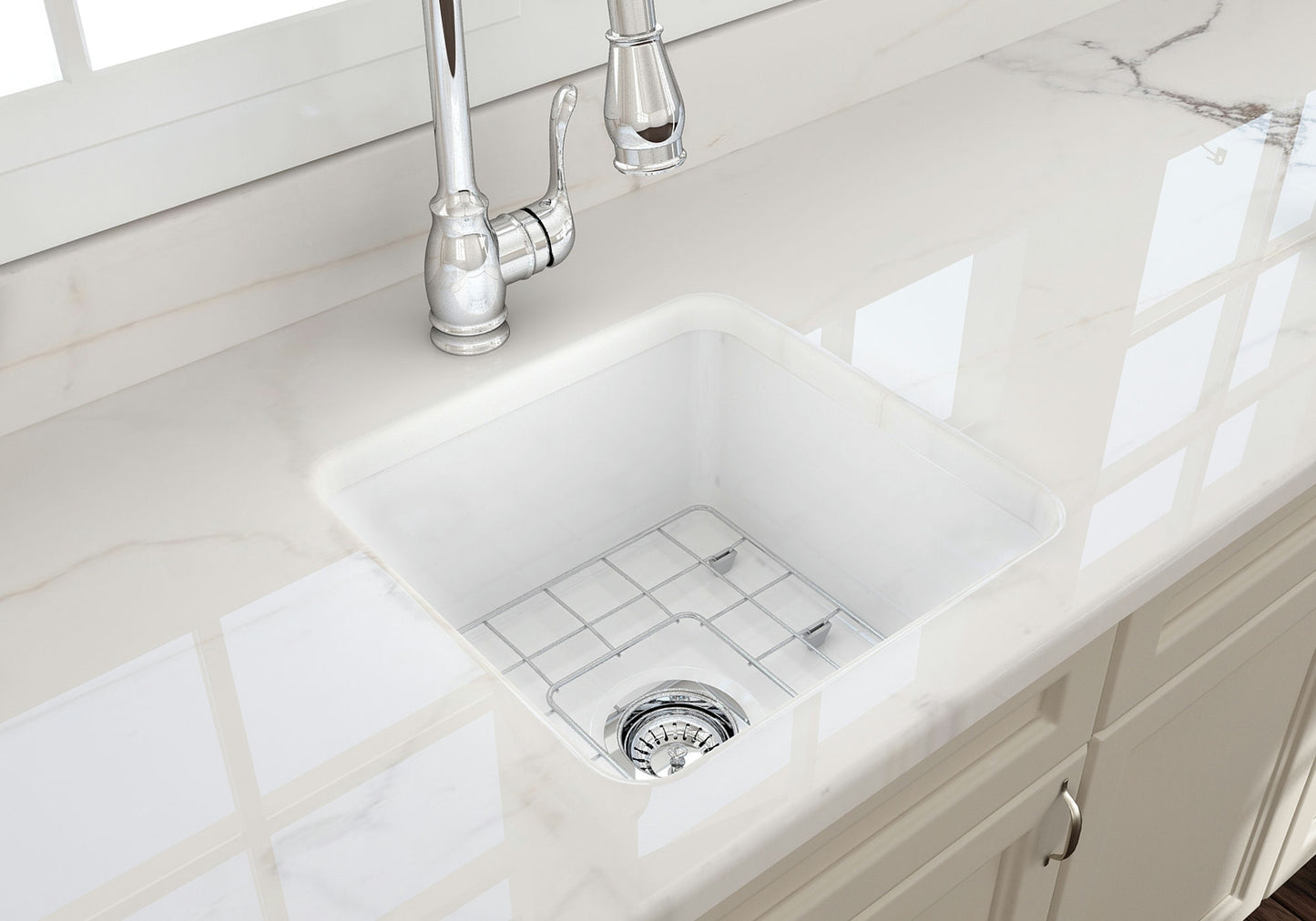 Sotto Dual-mount Fireclay 18" Single Bowl Bar Sink with Grid, Strainer in White