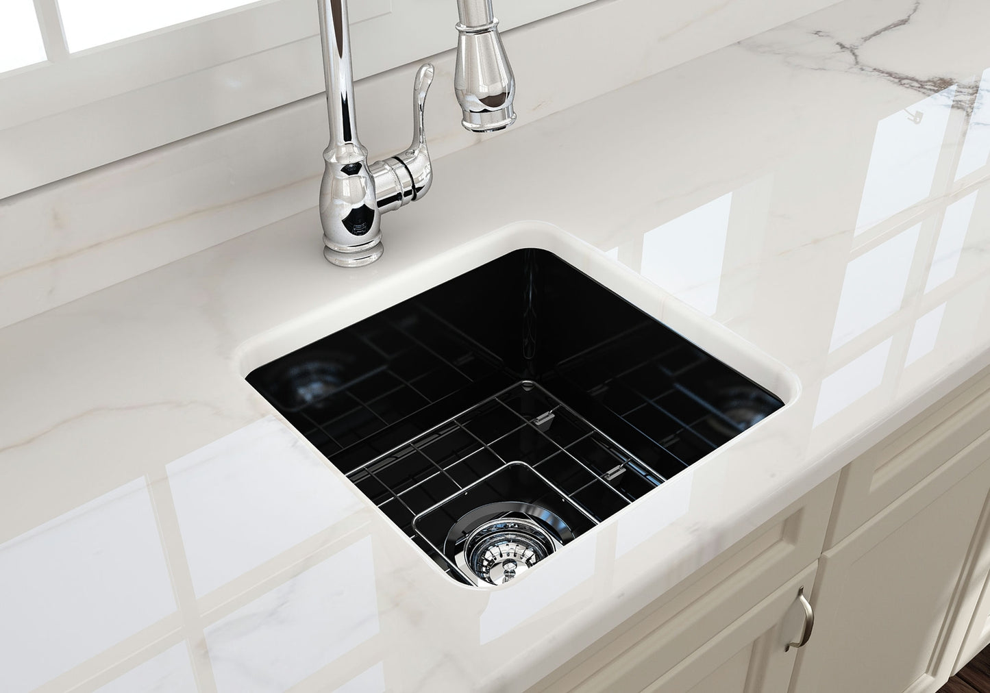 Sotto Dual-mount Fireclay 18" Single Bowl Bar Sink with Grid, Strainer in Black